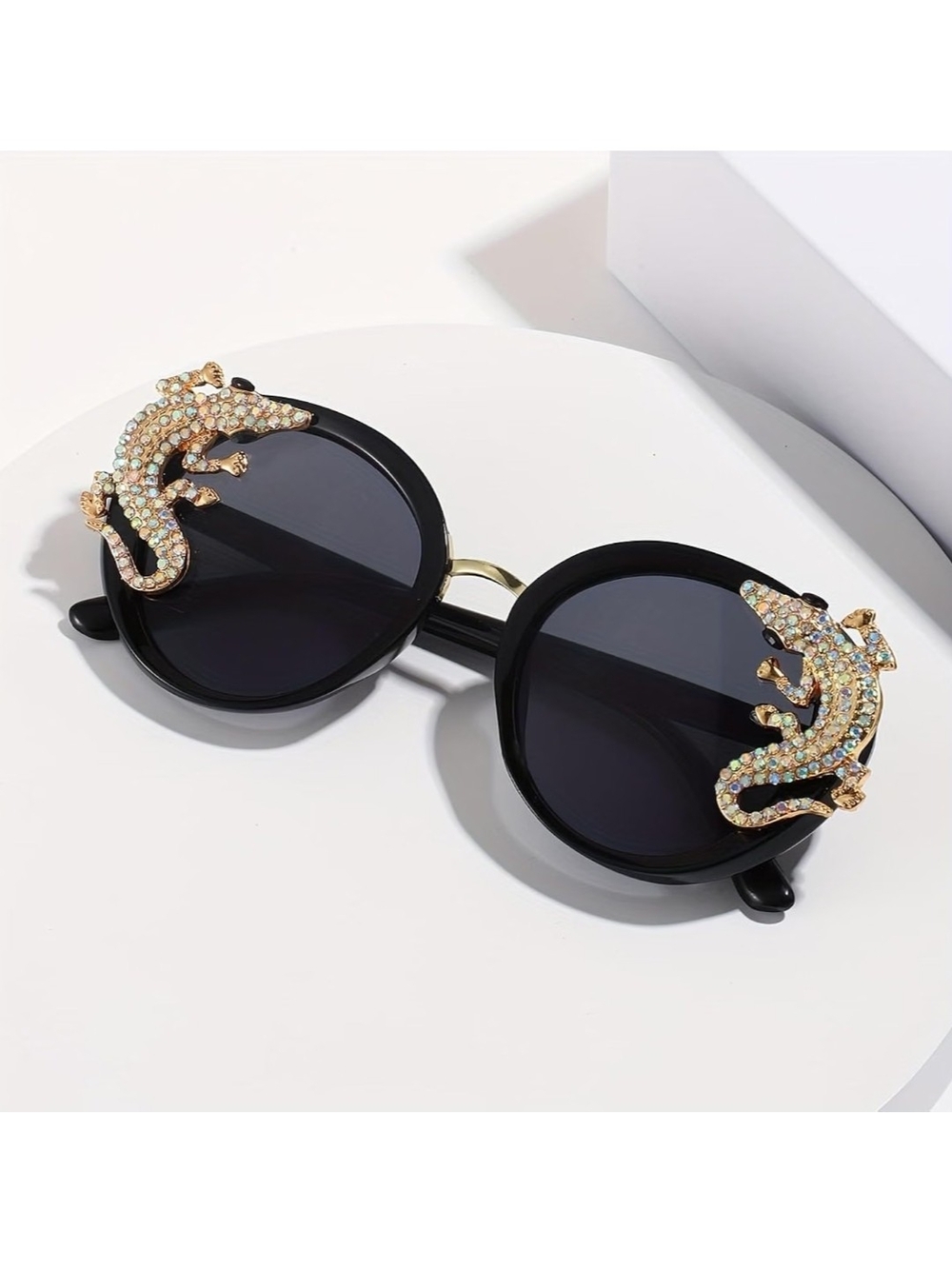 Black Round Sunglasses with Gold Crystal Lizard Accent - Women Accessories